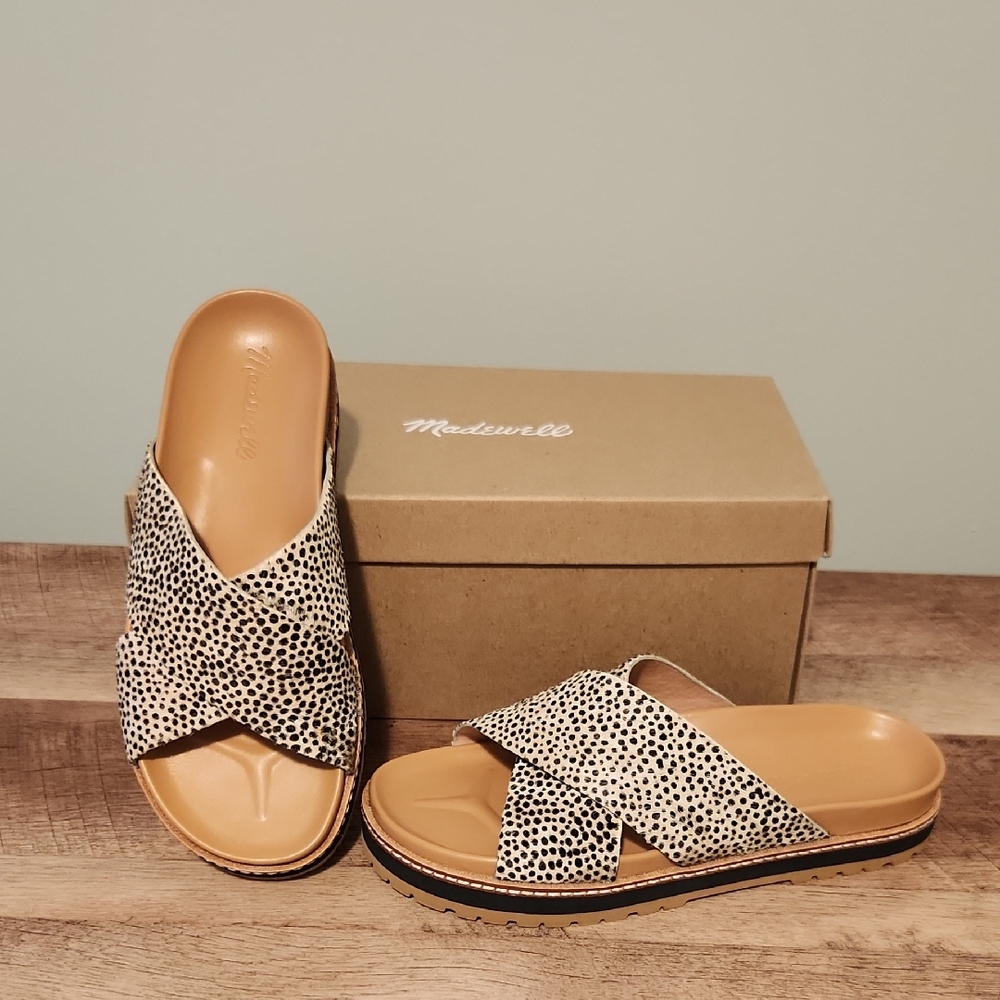 Madewell Tan and Black Slide Sandals with Criss-Cross Design In Calf Hair